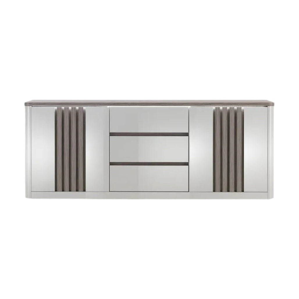 **Meuble TV moderne en chrome et finition bois, design épuré avec rangements intégrés**